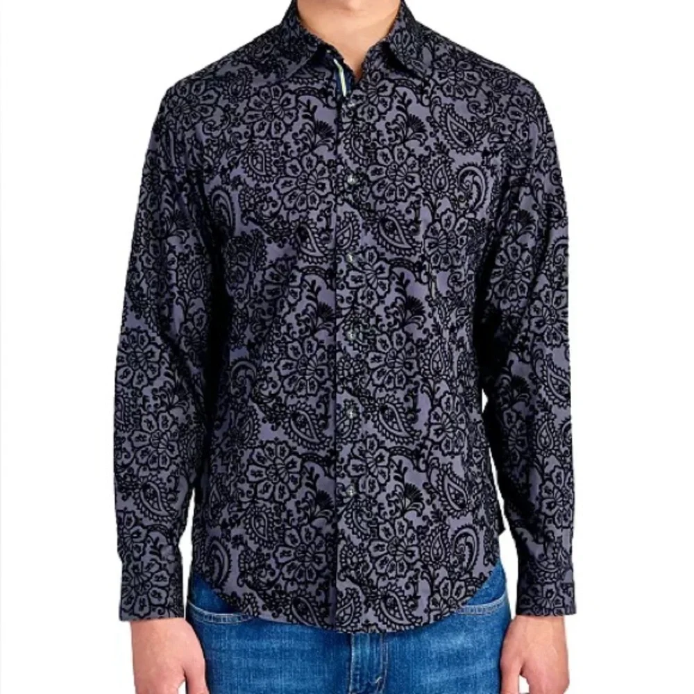Kilburne Finch Men's Blue Floral Paisley Velvet Button Down Dress Shirt Size‎ XL